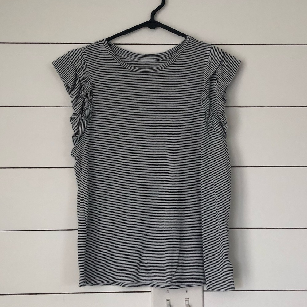 Black & white striped tank with ruffle cap sleeve